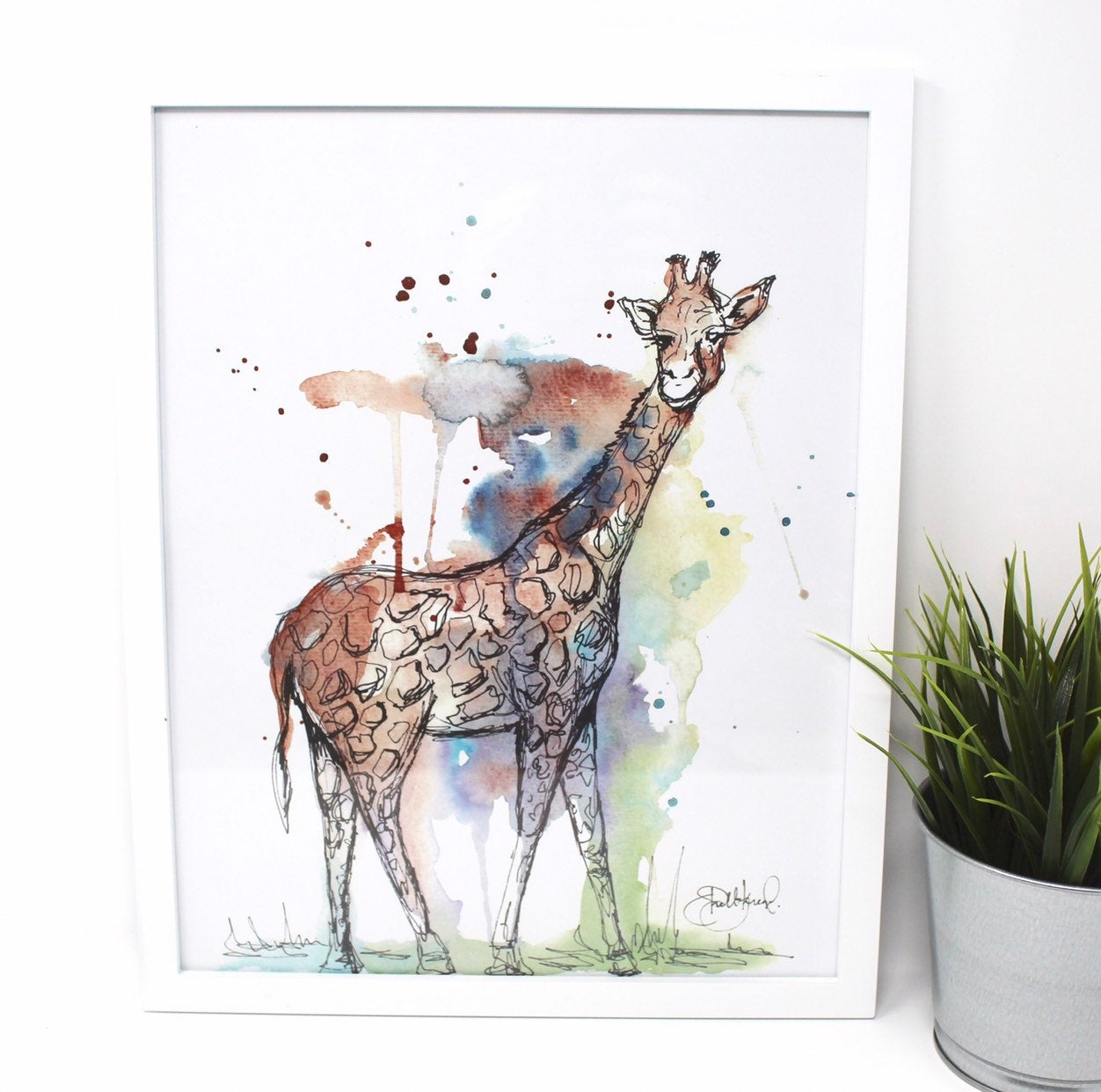 Mixed Media Giraffe Art Print -11x14in, Safari Animal Art, Home Decor, Nursery Wall Art